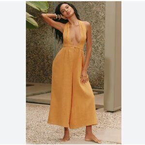 Anthropologie Celandine Boho Wide Leg Cropped Sleeveless Plunge Jumpsuit Size XS
